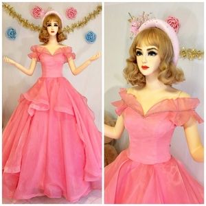 Tulle Ruffle Off Shoulder Pink Gown